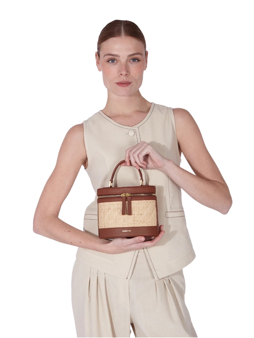 Paris/64 PRISMATIC PALMA & CHOCOLATE Brown Leather & Natural Straw Crossbody Bag